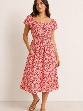 Red Floral Midi Dress with Smocked Waist and Puff Sleeves